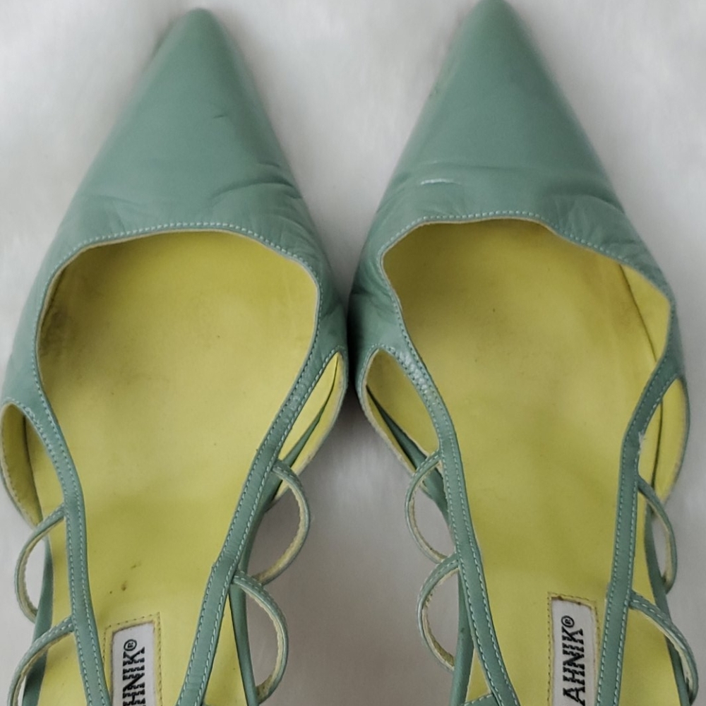 Manolo Blahnik green sling back shoes leather heel size 38 - Picture 8 of 14